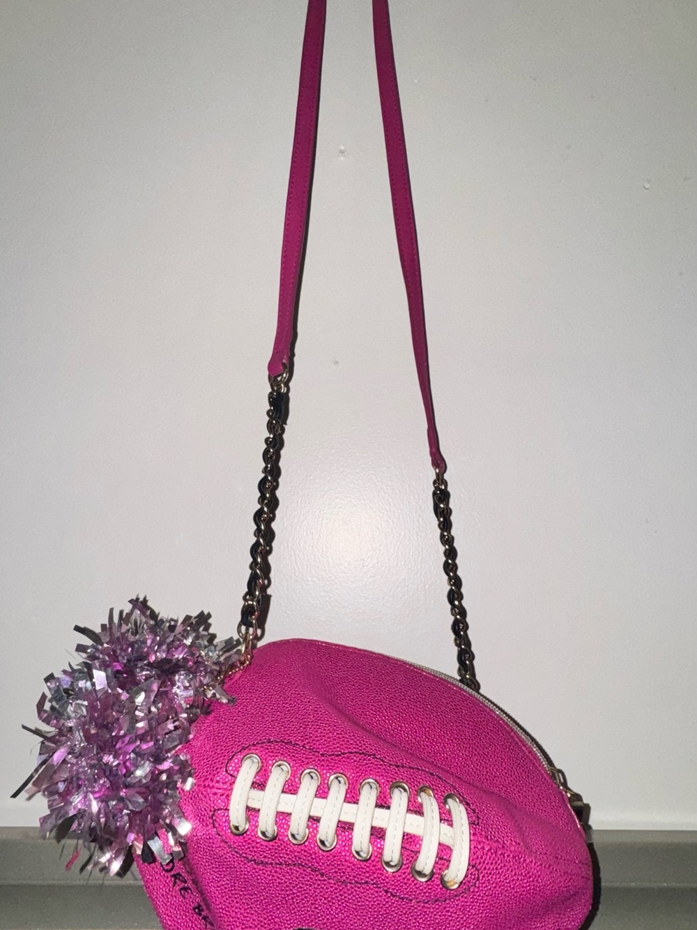 Betsey Johnson Hot Pink Football Crossbody Bag with Pom Pom